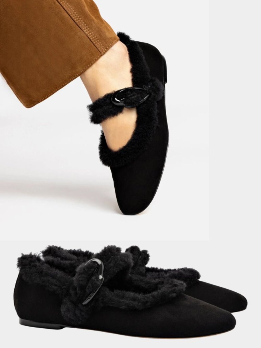 Larroude Verona Ballet Flats Black Suede And Black Shearling Mary Jane NWT